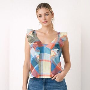 Maeve Anthropologie Plaid Ruffle Sleeve Blouse Women's 6